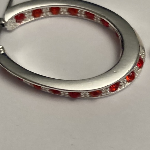 Silver Tone Hoop Earrings with Red Accents - Picture 2 of 15